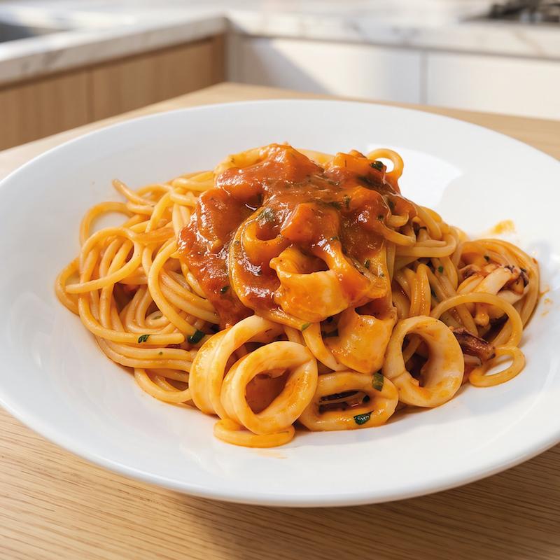 Spaghetti mit Tomatensoße, Tintenfischringen und -fäden 