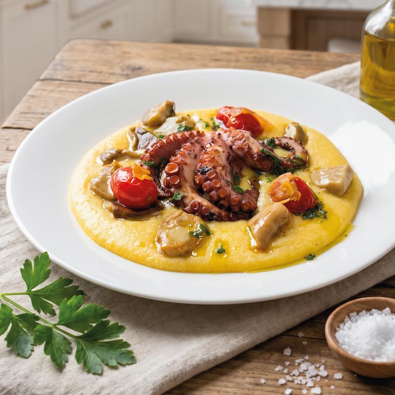 Oktopus mit Polenta, Pilzen und Kirschtomaten
